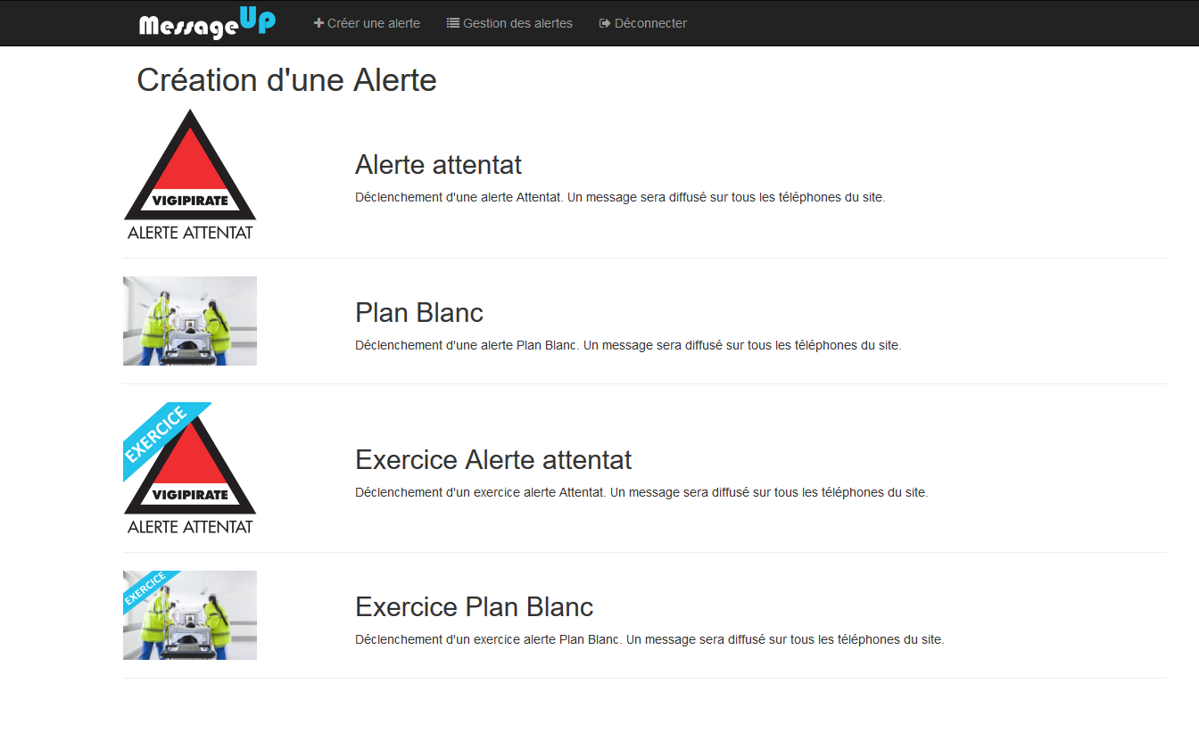 Interface MessageUp — Création d'alertes Plan Blanc et Vigipirate